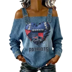 New England Patriots Women's Off-Shoulder Long Sleeve Top Shoulder Straps Limited