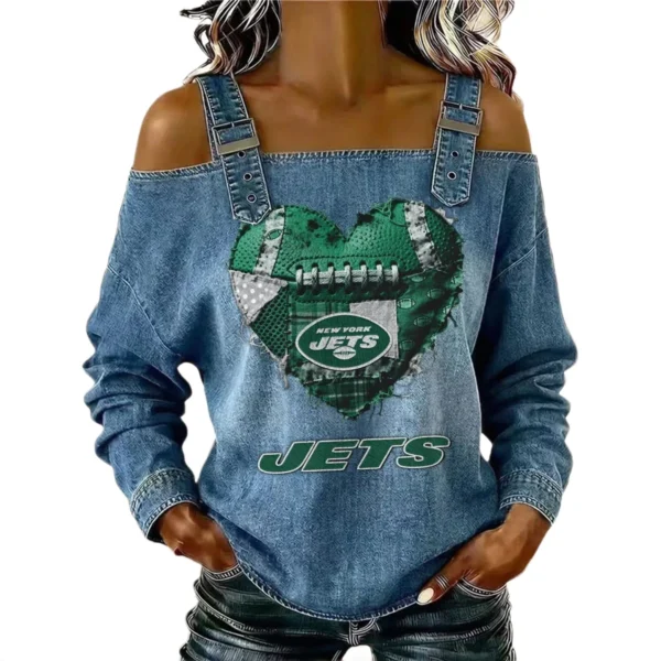 New York Jets Women's Off-Shoulder Long Sleeve Top Shoulder Straps Limited
