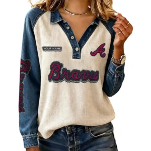 Atlanta Braves Women Contrast Patchwork Waffle Knit Long Sleeve Personalize Name