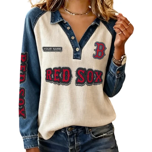 Boston Red Sox Women Contrast Patchwork Waffle Knit Long Sleeve Personalize Name