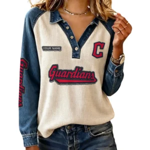 Cleveland Guardians Women Contrast Patchwork Waffle Knit Long Sleeve Personalize Name