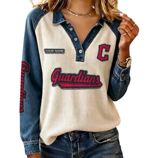 Cleveland Guardians Women Contrast Patchwork Waffle Knit Long Sleeve Personalize Name