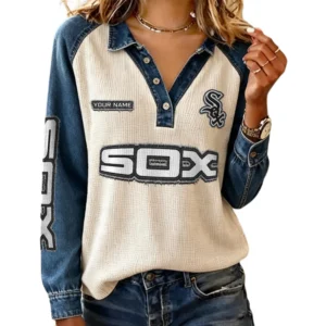 Chicago White Sox Women Contrast Patchwork Waffle Knit Long Sleeve Personalize Name