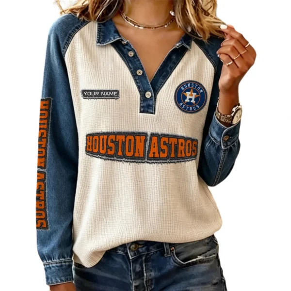 Houston Astros Women Contrast Patchwork Waffle Knit Long Sleeve Personalize Name