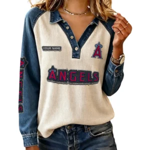 Los Angeles Angels Women Contrast Patchwork Waffle Knit Long Sleeve Personalize Name