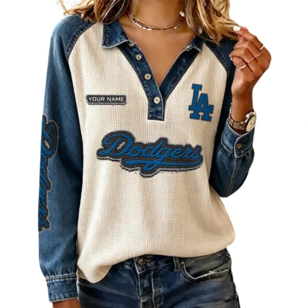 Los Angeles Dodgers Women Contrast Patchwork Waffle Knit Long Sleeve Personalize Name