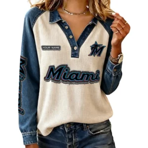 Miami Marlins Women Contrast Patchwork Waffle Knit Long Sleeve Personalize Name