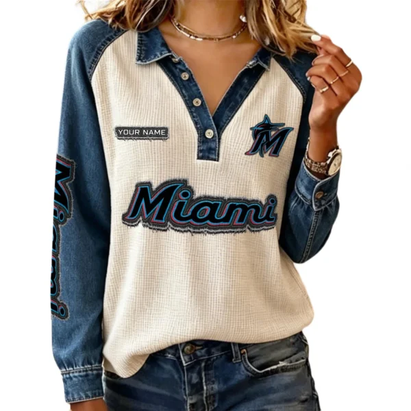 Miami Marlins Women Contrast Patchwork Waffle Knit Long Sleeve Personalize Name