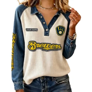 Milwaukee Brewers Women Contrast Patchwork Waffle Knit Long Sleeve Personalize Name