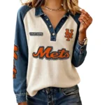 New York Mets Women Contrast Patchwork Waffle Knit Long Sleeve Personalize Name