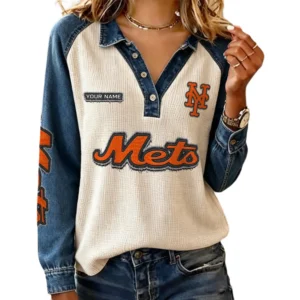 New York Mets Women Contrast Patchwork Waffle Knit Long Sleeve Personalize Name