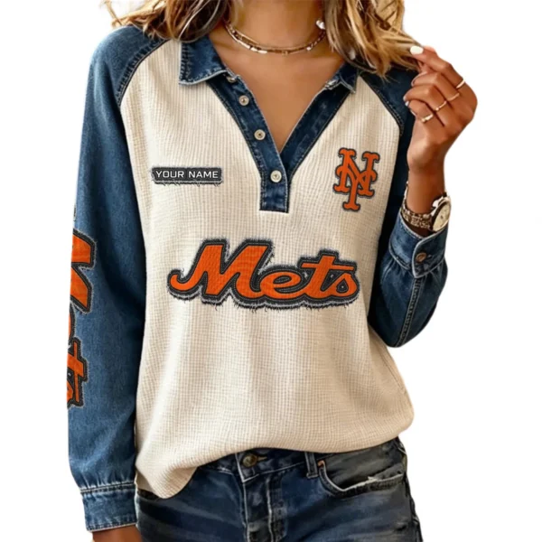 New York Mets Women Contrast Patchwork Waffle Knit Long Sleeve Personalize Name