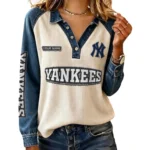 New York Yankees Women Contrast Patchwork Waffle Knit Long Sleeve Personalize Name
