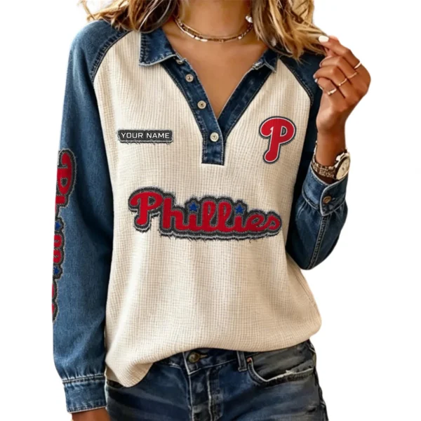 Philadelphia Phillies Women Contrast Patchwork Waffle Knit Long Sleeve Personalize Name