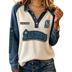 Seattle Mariners Women Contrast Patchwork Waffle Knit Long Sleeve Personalize Name