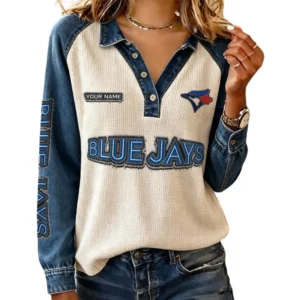 Toronto Blue Jays Women Contrast Patchwork Waffle Knit Long Sleeve Personalize Name