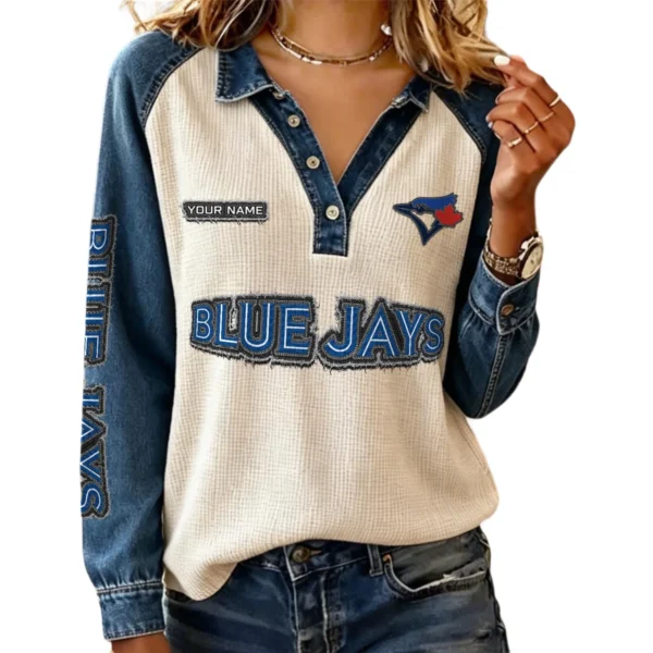 Toronto Blue Jays Women Contrast Patchwork Waffle Knit Long Sleeve Personalize Name
