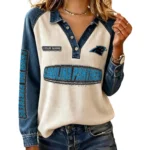 Carolina Panthers Women’s Contrast Patchwork Waffle Long Sleeve Shirt Personalize Name