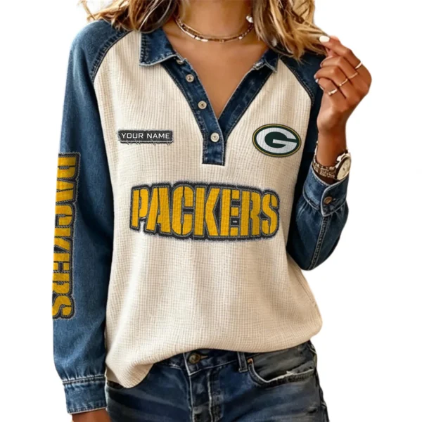 Green Bay Packers Women’s Contrast Patchwork Waffle Long Sleeve Shirt Personalize Name