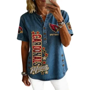 Arizona Cardinals Women’s Short Sleeve V-Neck Button-Down Tunic Top Personalize Name