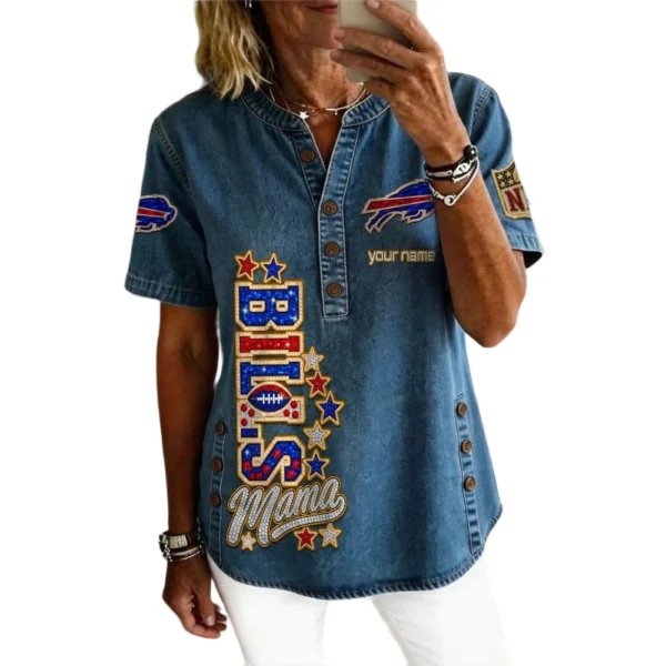 Buffalo Bills Women’s Short Sleeve V-Neck Button-Down Tunic Top Personalize Name