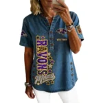 Baltimore Ravens Women’s Short Sleeve V-Neck Button-Down Tunic Top Personalize Name