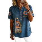 Chicago Bears Women’s Short Sleeve V-Neck Button-Down Tunic Top Personalize Name
