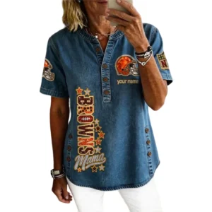 Cleveland Browns Women’s Short Sleeve V-Neck Button-Down Tunic Top Personalize Name