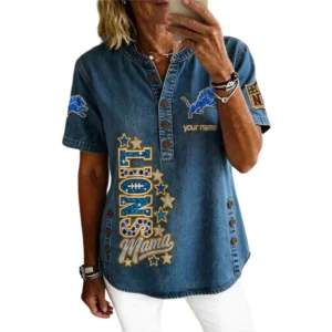 Detroit Lions Women’s Short Sleeve V-Neck Button-Down Tunic Top Personalize Name