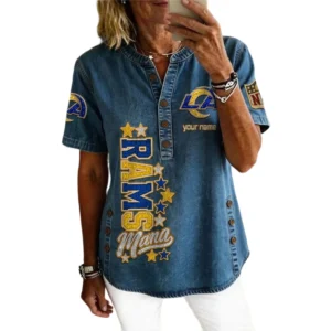 Los Angeles Rams Women’s Short Sleeve V-Neck Button-Down Tunic Top Personalize Name