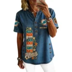 Miami Dolphins Women’s Short Sleeve V-Neck Button-Down Tunic Top Personalize Name