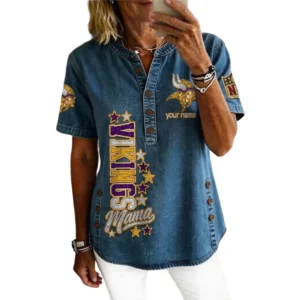 Minnesota Vikings Women’s Short Sleeve V-Neck Button-Down Tunic Top Personalize Name