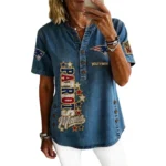 New England Patriots Women’s Short Sleeve V-Neck Button-Down Tunic Top Personalize Name