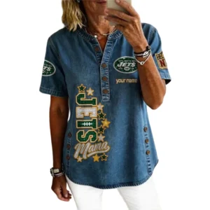 New York Jets Women’s Short Sleeve V-Neck Button-Down Tunic Top Personalize Name