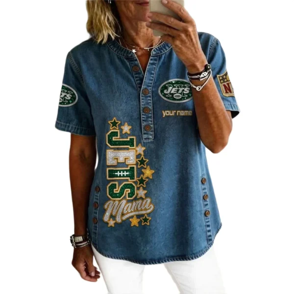 New York Jets Women’s Short Sleeve V-Neck Button-Down Tunic Top Personalize Name
