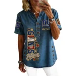 New York Giants Women’s Short Sleeve V-Neck Button-Down Tunic Top Personalize Name