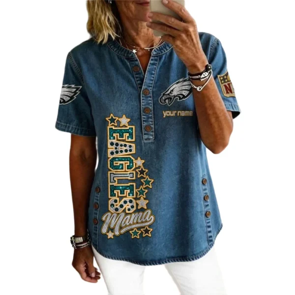 Philadelphia Eagles Women’s Short Sleeve V-Neck Button-Down Tunic Top Personalize Name