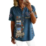 Tennessee Titans Women’s Short Sleeve V-Neck Button-Down Tunic Top Personalize Name