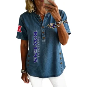 Baltimore Ravens Women’s Short Sleeve V-Neck Button-Down Tunic Top