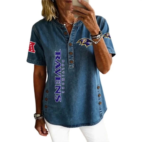 Baltimore Ravens Women’s Short Sleeve V-Neck Button-Down Tunic Top