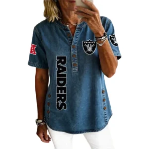 Las Vegas Raiders Women’s Short Sleeve V-Neck Button-Down Tunic Top