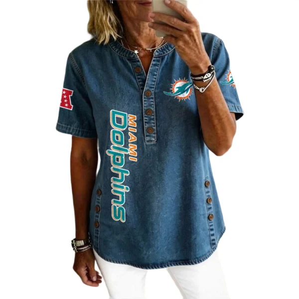 Miami Dolphins Women’s Short Sleeve V-Neck Button-Down Tunic Top