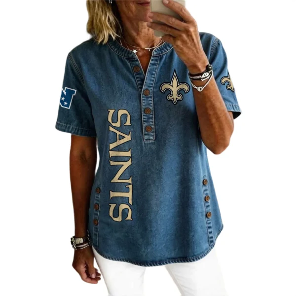 New Orleans Saints Women’s Short Sleeve V-Neck Button-Down Tunic Top