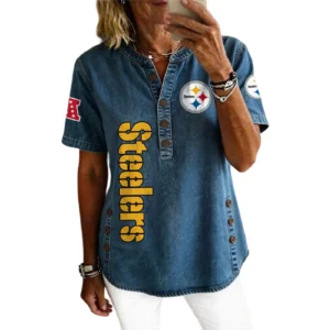 Pittsburgh Steelers Women’s Short Sleeve V-Neck Button-Down Tunic Top