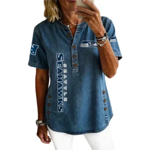 Seattle Seahawks Women’s Short Sleeve V-Neck Button-Down Tunic Top